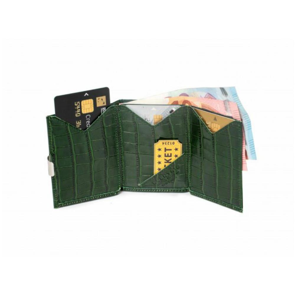 Exentri Wallets Leather RFID-Blocking Tri-Fold Wallet with Stainless Steel Clasp - Caiman Green