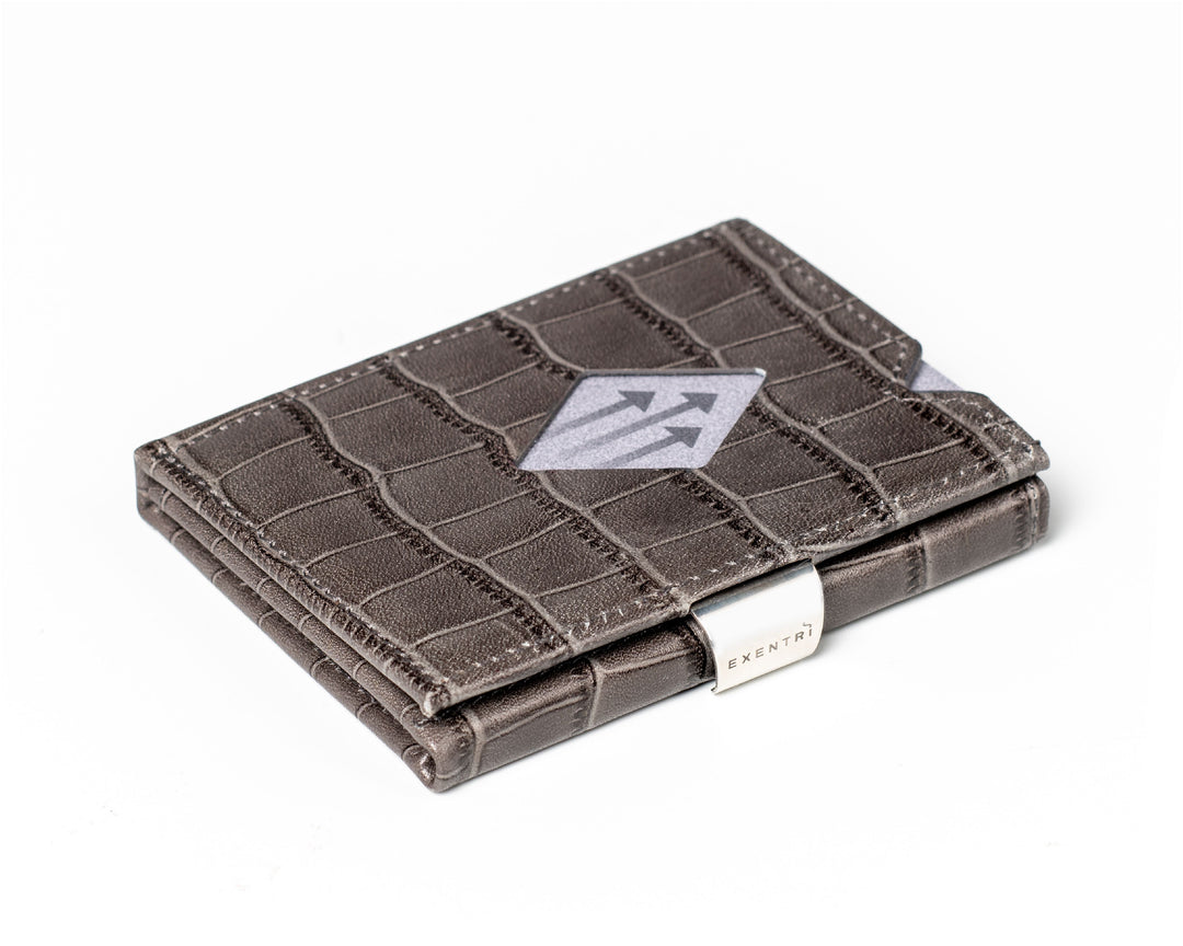 Exentri Wallets Leather RFID-Blocking Tri-Fold Multiwallet with Stainless Steel Clasp - Caiman Grey