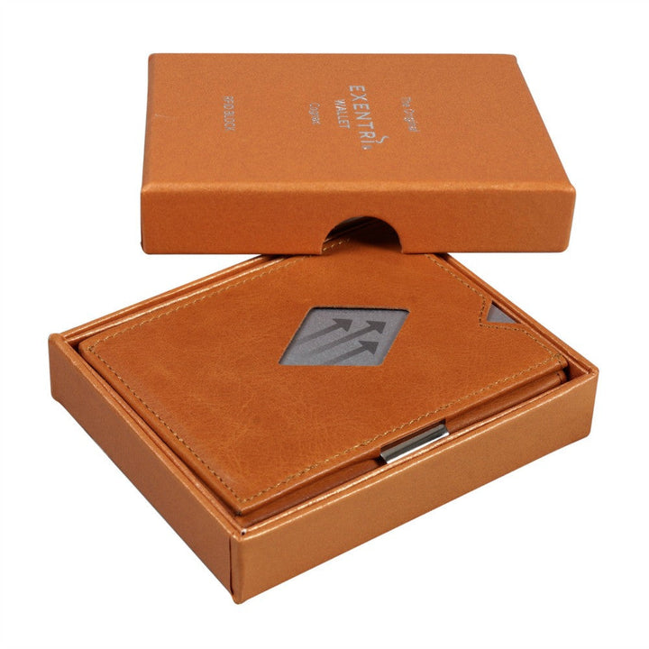 Exentri Wallets Leather RFID-Blocking Tri-Fold Wallet with Stainless Steel Clasp - Cognac